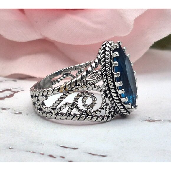 Silver Tone Filigree Style Cocktail Fashion Ring Blue Marquise Center Size 7 - Picture 2 of 8